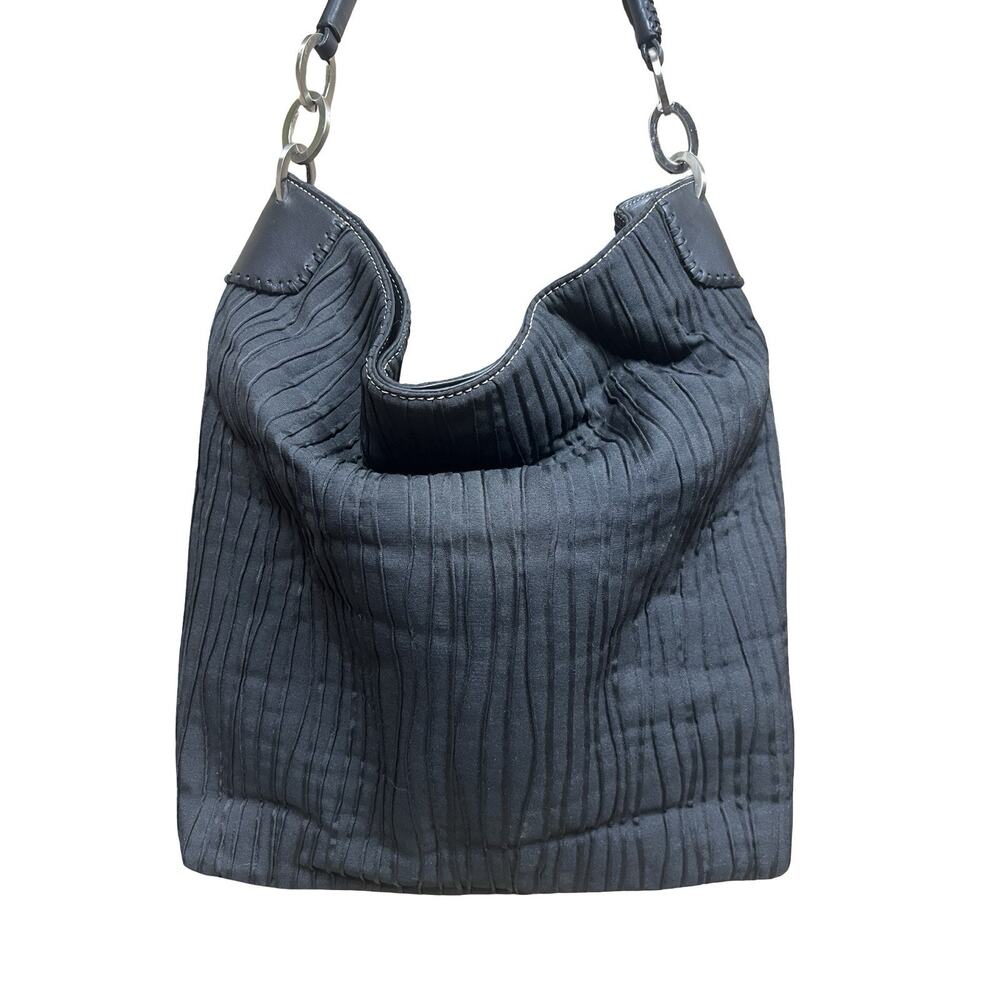 Donald Pliner Black Pleated & Leather Trim Large Slouch Hobo Shoulder Bag Purse